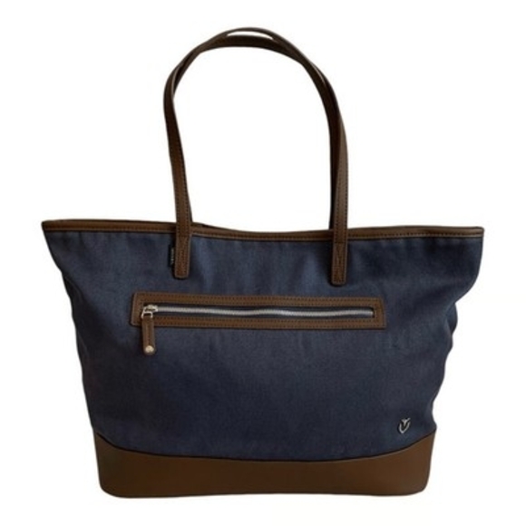 VESSEL Brown Blue Denim Canvas Leather Tote Bag Weekend Shoulder Zip Very Good - Picture 5 of 12